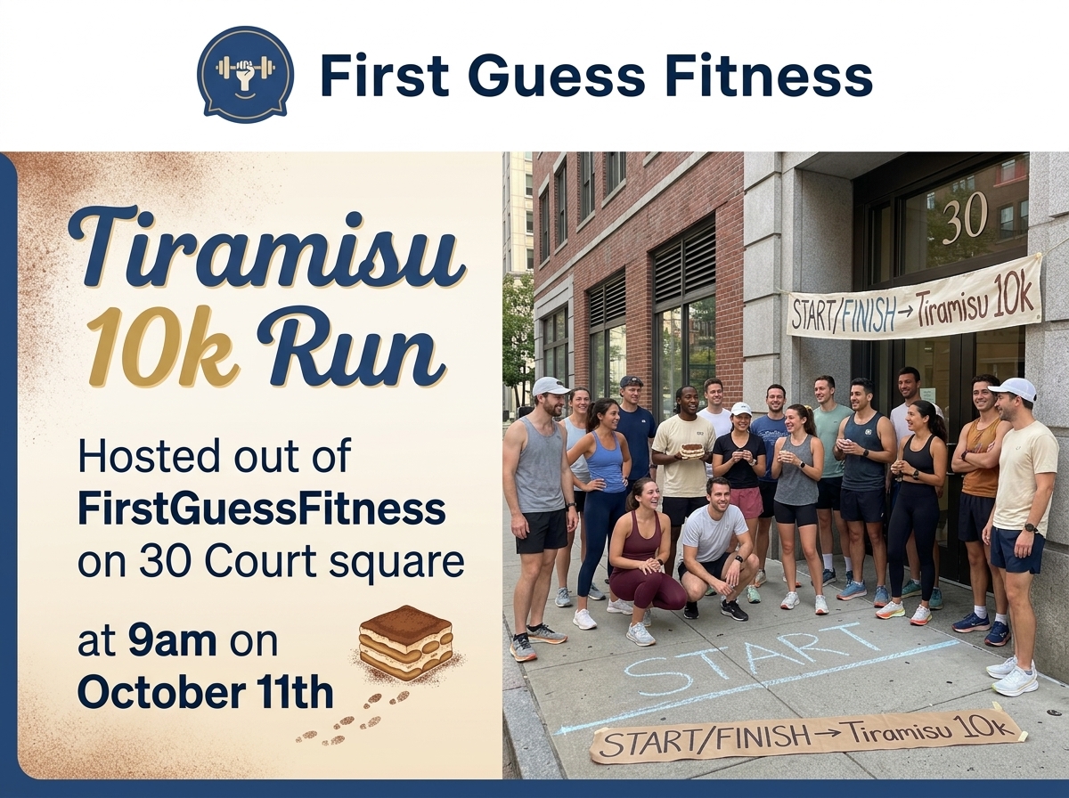 FGF Tiramisu 10k Run promotional flyer showing the group at 30 Court Square on October 11th